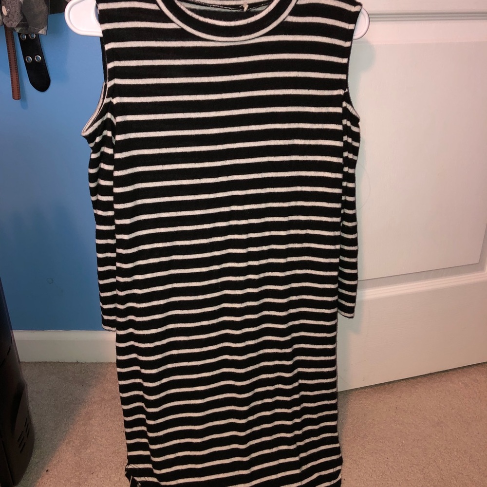 A cold shoulders black and white striped dress